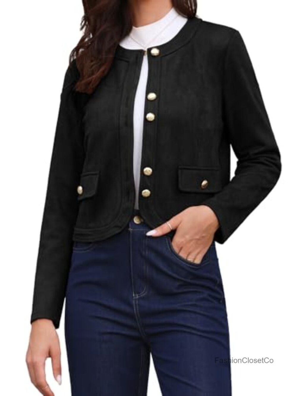 Faux Suede Cropped Jacket Collarless Button Down Casual Outerwear